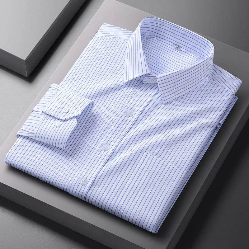 Men Formal Shirt Long Sleeve Office Solid Color Striped Anti-Wrinkle Fashion Business Pocket White Social Pocket Shirt S-4XL - AIAZ