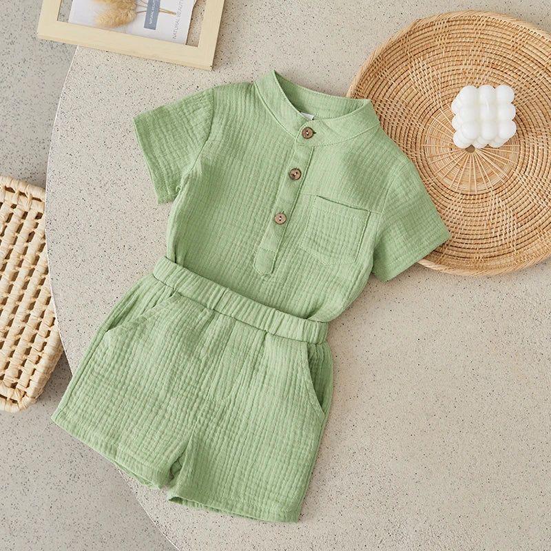 Suefunskry Toddler Boys Summer 2Pcs Casual Outfits Solid Color Short Sleeve Button Tops and Elastic Waist Shorts Sets 6M-4Y