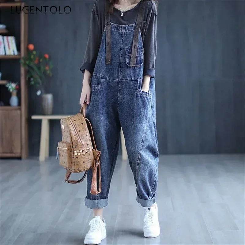 Jumpsuit Women Jeans Rompers New Retro Big Pocket Loose Denim Overalls Fashion Casual Wide-leg Pants Jumpsuits Cloth - AIAZ