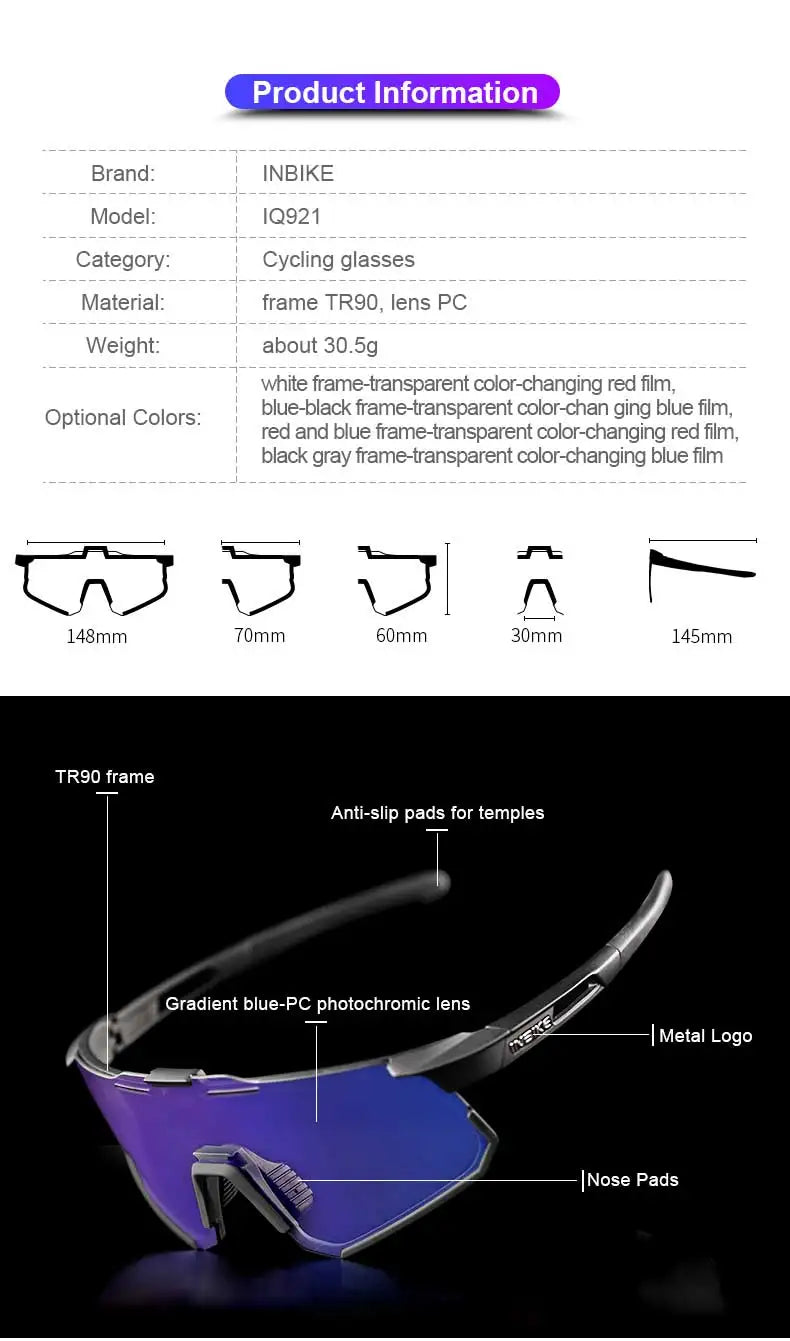 INBIKE Photochromic Cycling Sunglasses Professional Road Bike Riding Glasses for Men Bicycle Windproof Sand Goggles Bike Eyewear