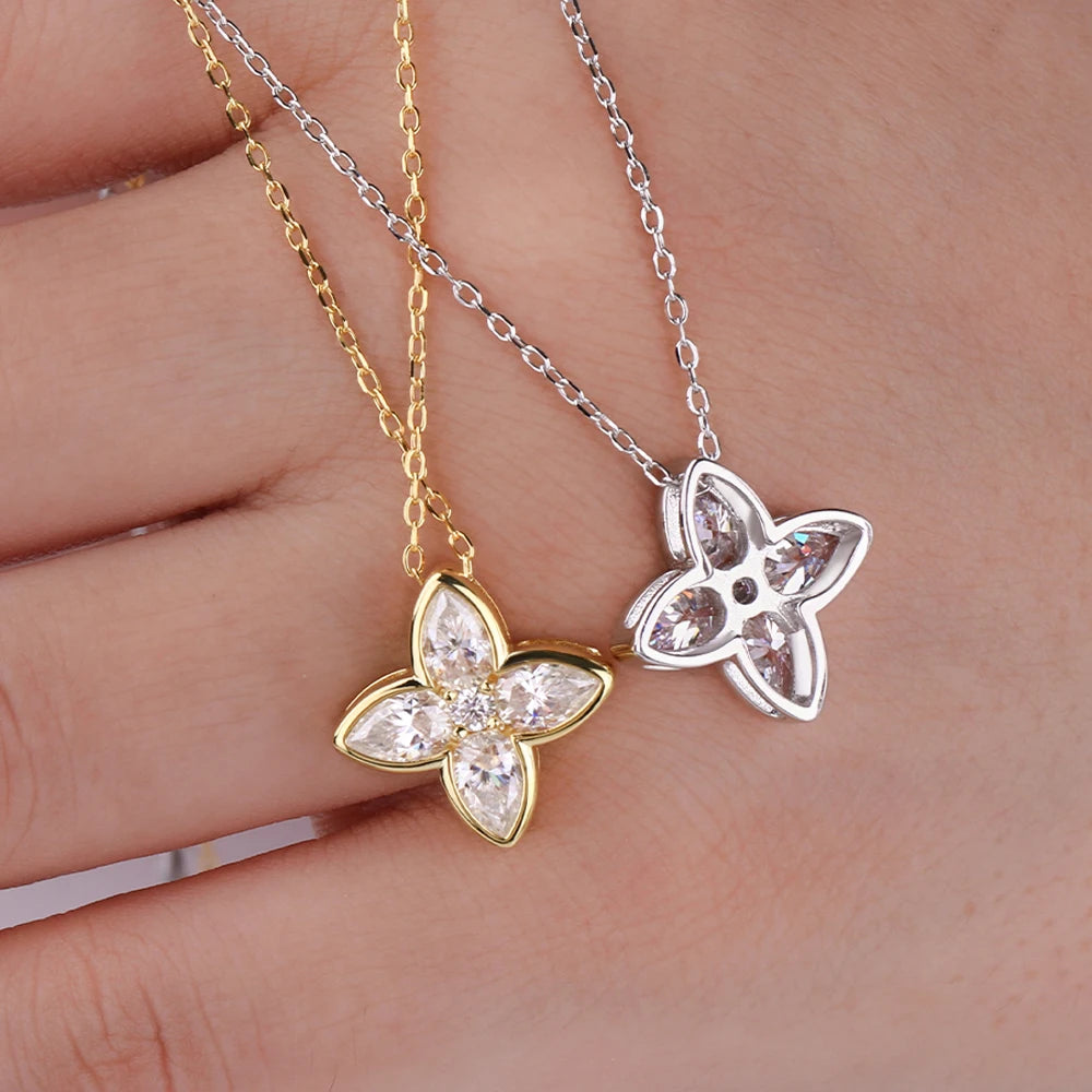 Bezel Set Full Moissanite Flower Pendant Necklace for Women Sparkling Pear Cut Diamond Pendant S925 Silver Wedding Party Jewelry
