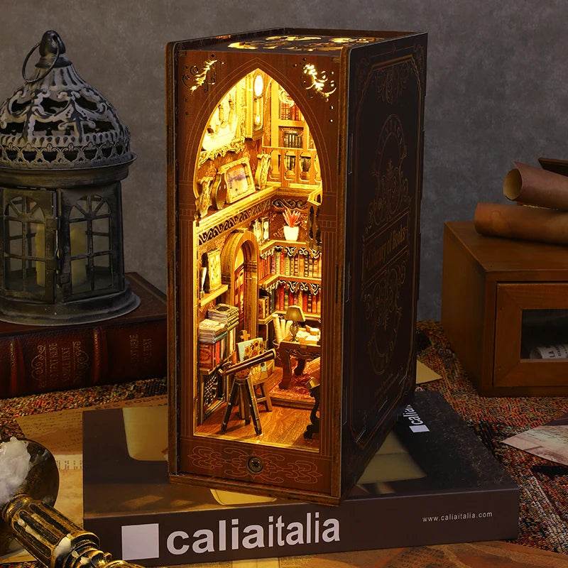 DIY Book Nook Shelf Insert Kit 3D Wooden Puzzle Doll House Assembly Building Model Bookends With Furniture LED Light Xmas Gifts - AIAZ