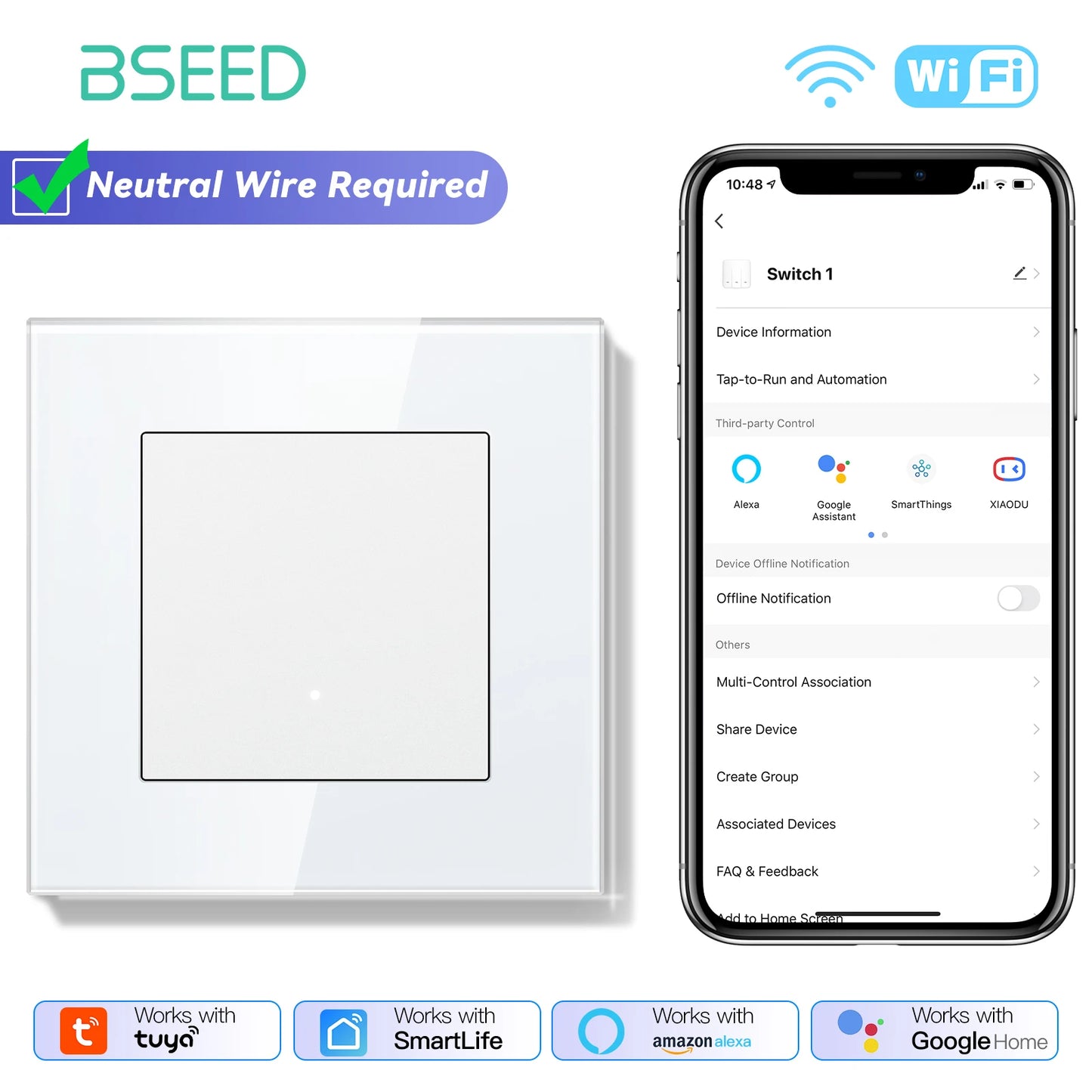 BSEED 1/2/3/4Gang 2Way WIFI Light Switch Smart Click Button Switch Glass Panel LED Indicator Support Tuya Smart Life Google Home