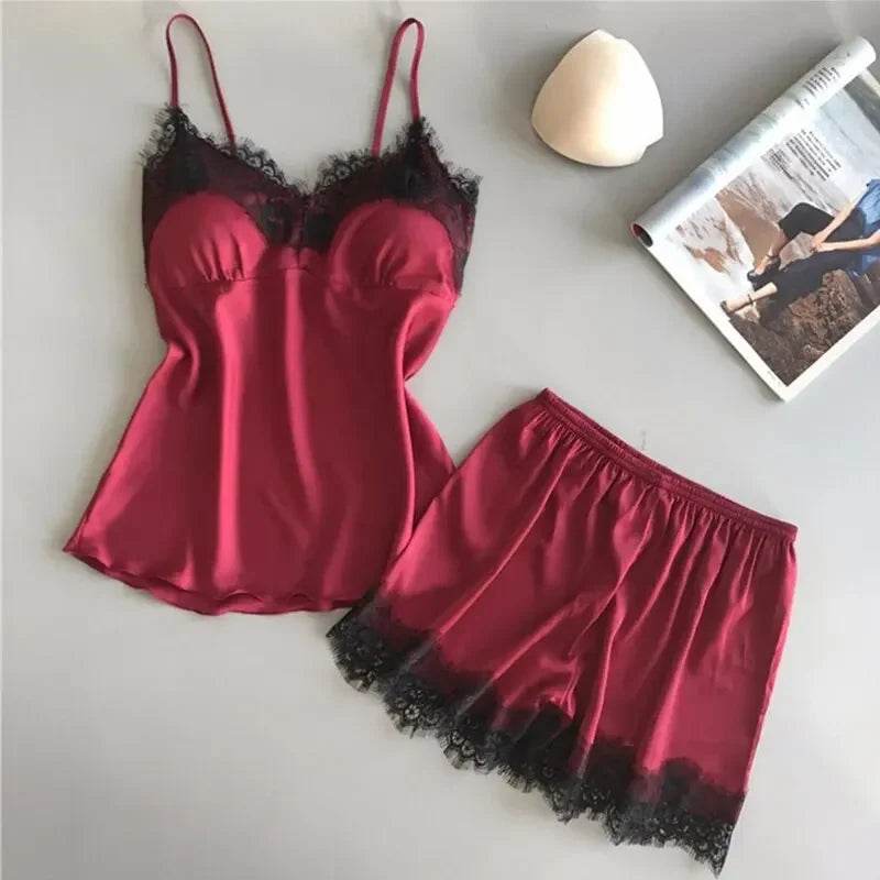 Women Pajama Suit Fashion V-Neck Stretch Satin Babydoll Lace Sexy Lingerie Bowknot Pyjamas Sleep Shorts Set Sleepwear New - AIAZ