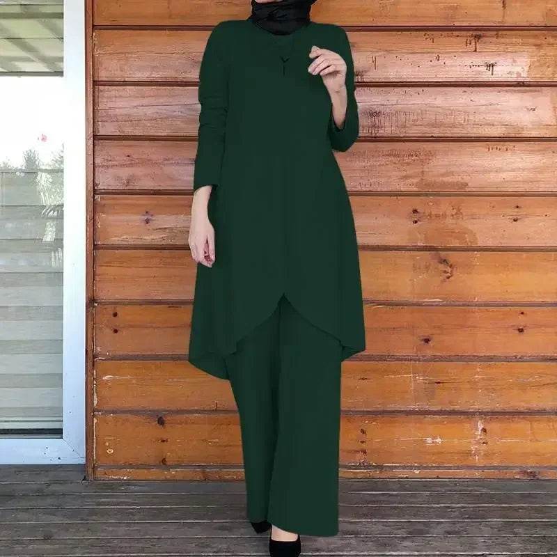 2025 Women's Muslim Sets Fashion Asymmetrical Blouse with Wide Leg Pants Casual Suits Dubai Turkey Matching Sets Ladies Outfits - AIAZ