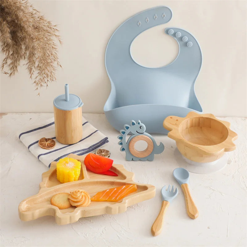 7pcs Silicone Baby Feeding Set Baby Feeding Supplies Kids Bamboo Dinnerware With Cup Children's Dishes Bowl Stuff Tableware Gift