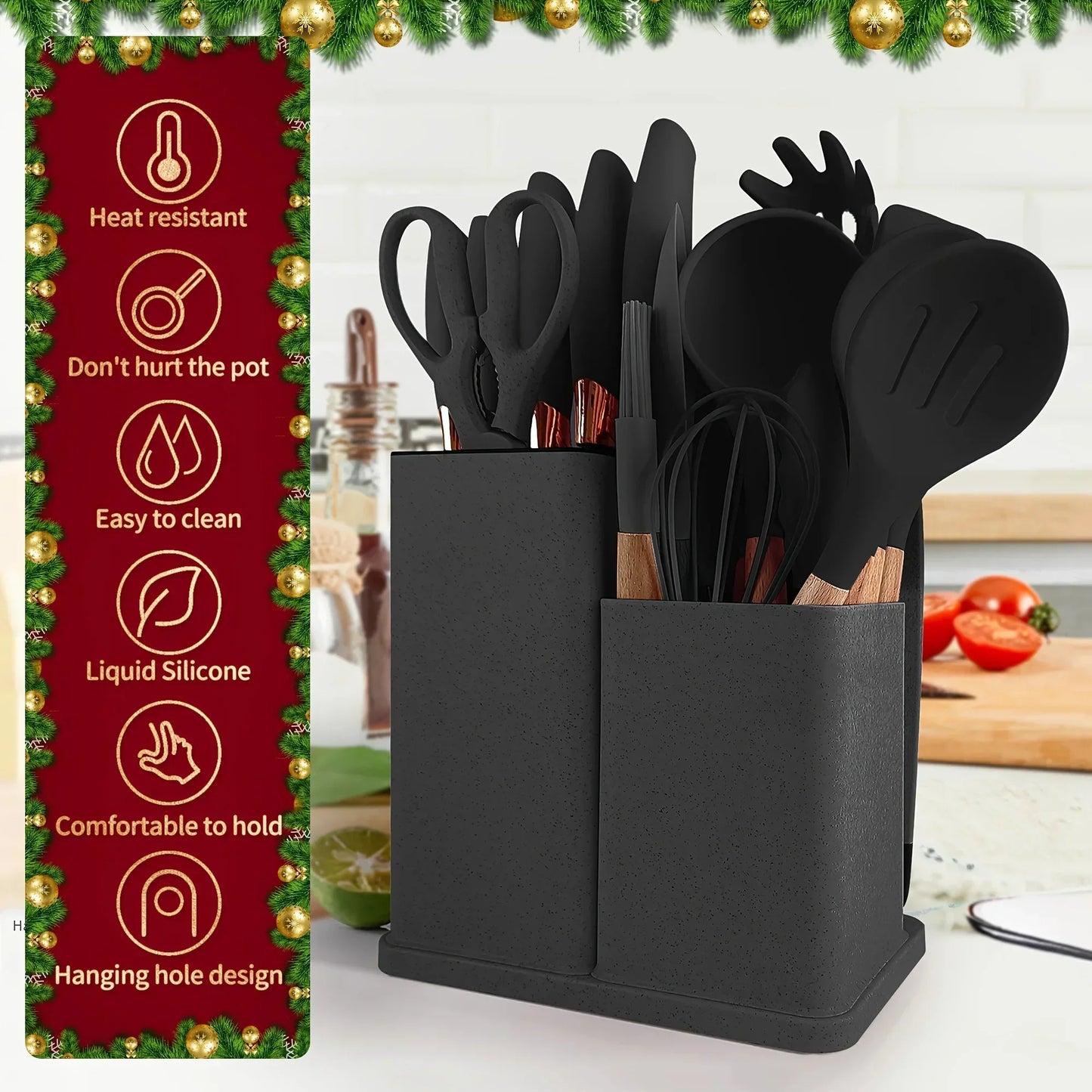 19 Pcs Non-Stick Silicone Kitchen Utensil Set with Knives Heat-Resistant Tools in Bamboo Storage Perfect for Cooking