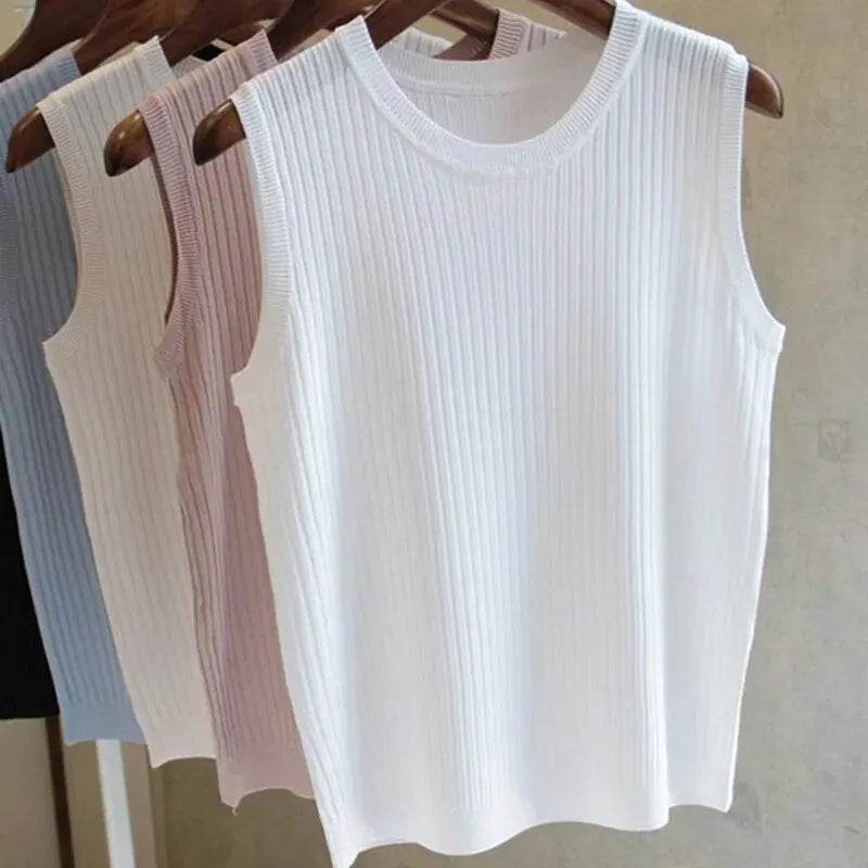 2025 Summer New Fashion Knitted Vests O-neck Sleeveless Casual Thin Tops Sleeveless Blouse Women Shirt - AIAZ