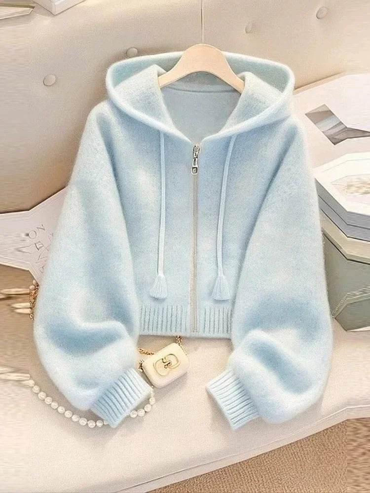 New Soft Blue Cardigan Sweaters Women Long Sleeve Elegant Knitted Jacket Sweet Design Female Casual Hooded Outwear Tops - AIAZ