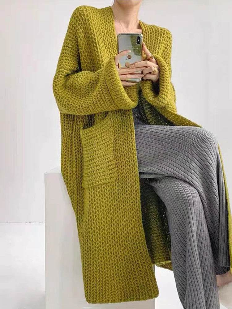 Korean Cardigan Sweater for Women Autumn Winter Loose Lazy Style Female Midi Knit Coats Fashion V Neck Casual Big Pocket Jumpers - AIAZ