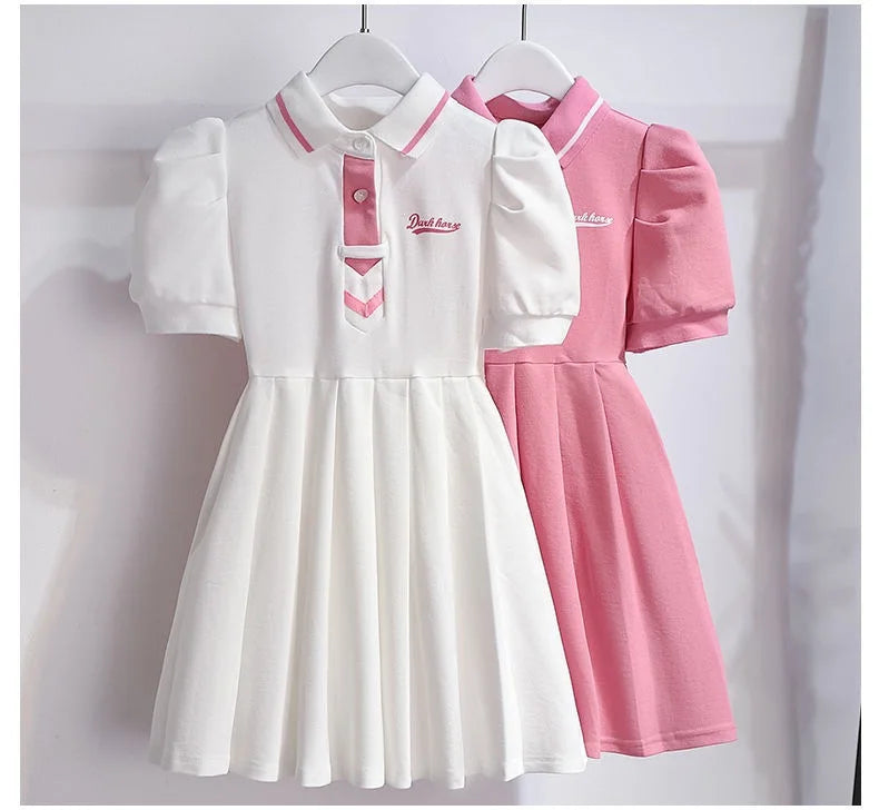 1pcs Summer Children's Dress Girl's Korean Edition Short Sleeves Flip Collar Skirts Pupil Student's Sweet Princess Fashion Dress