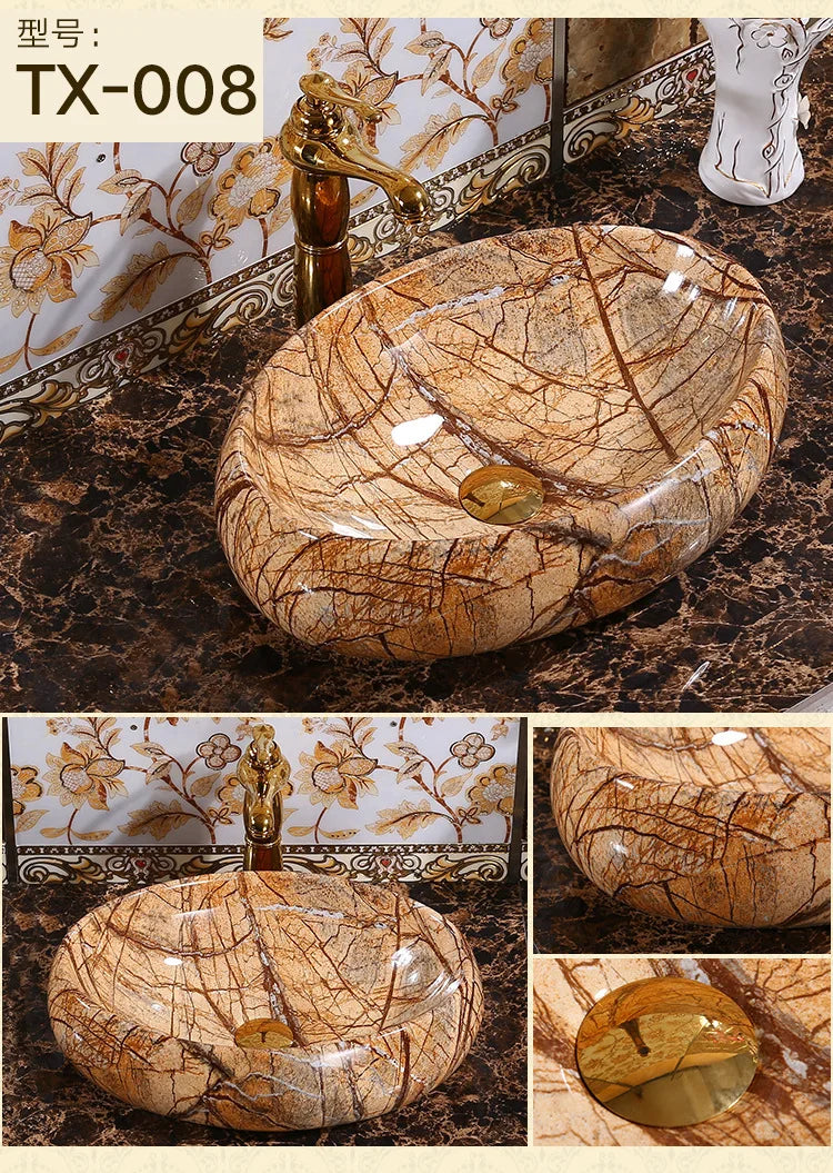 Marble Pattern Oval Bathroom Sink Home Stylish and Simple Ceramic Washbasin Hotel Balcony Countertop Art Basin for Washroom