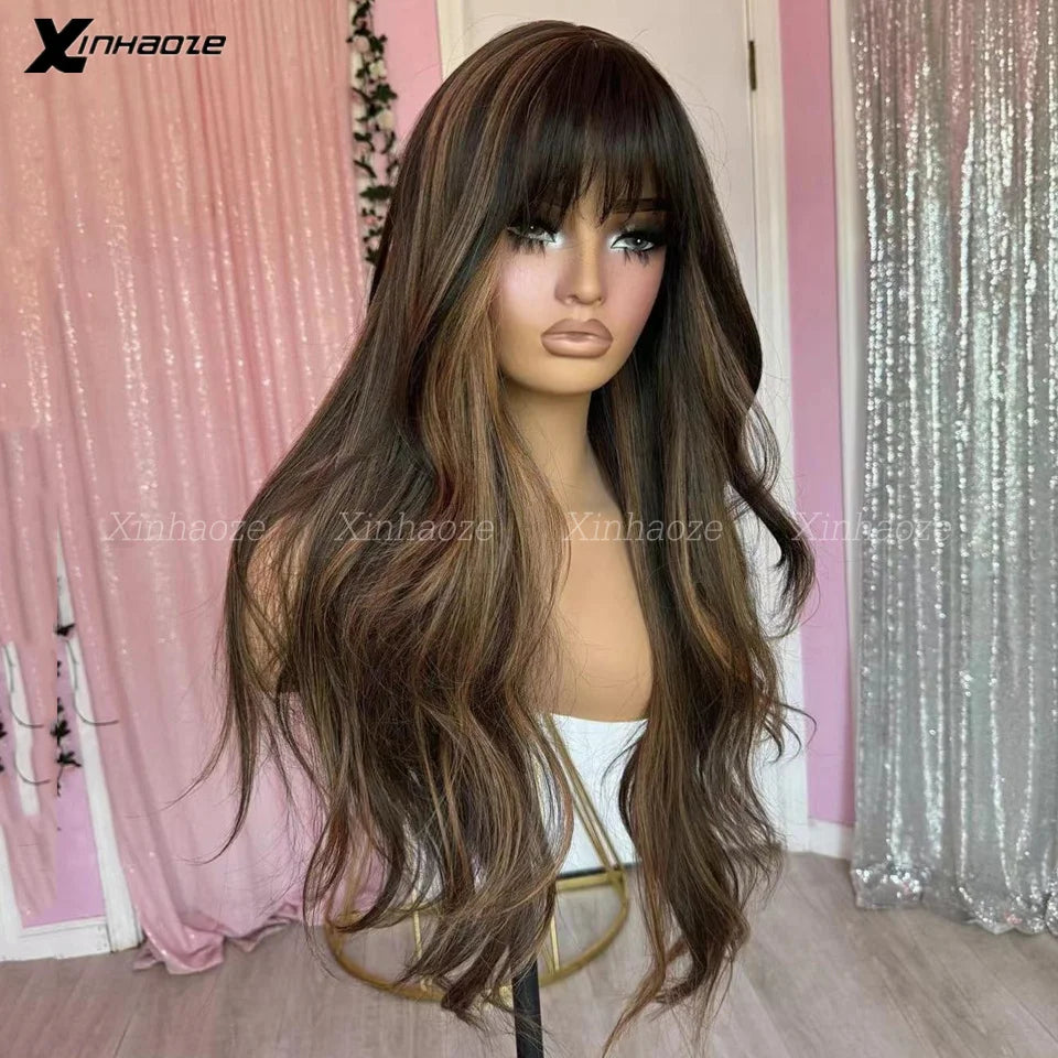 Highlight Brown Blonde Glueless Wig Human Hair With Bangs Bleached Knots 13x6/13x4 Natural Wave Lace Front Wig For Women PreCut