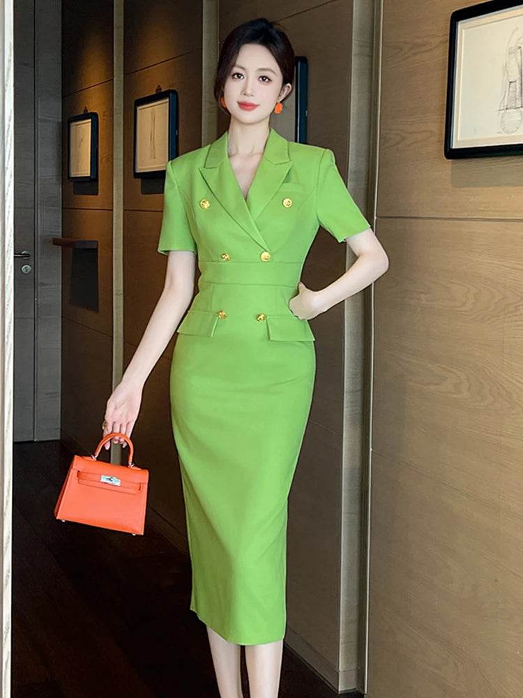 Elegant Office Lady Classic Business Formal Pencil Dress Women Clothes Blazer Commute Short Sleeve High Waist Slim Midi Vestidos - AIAZ