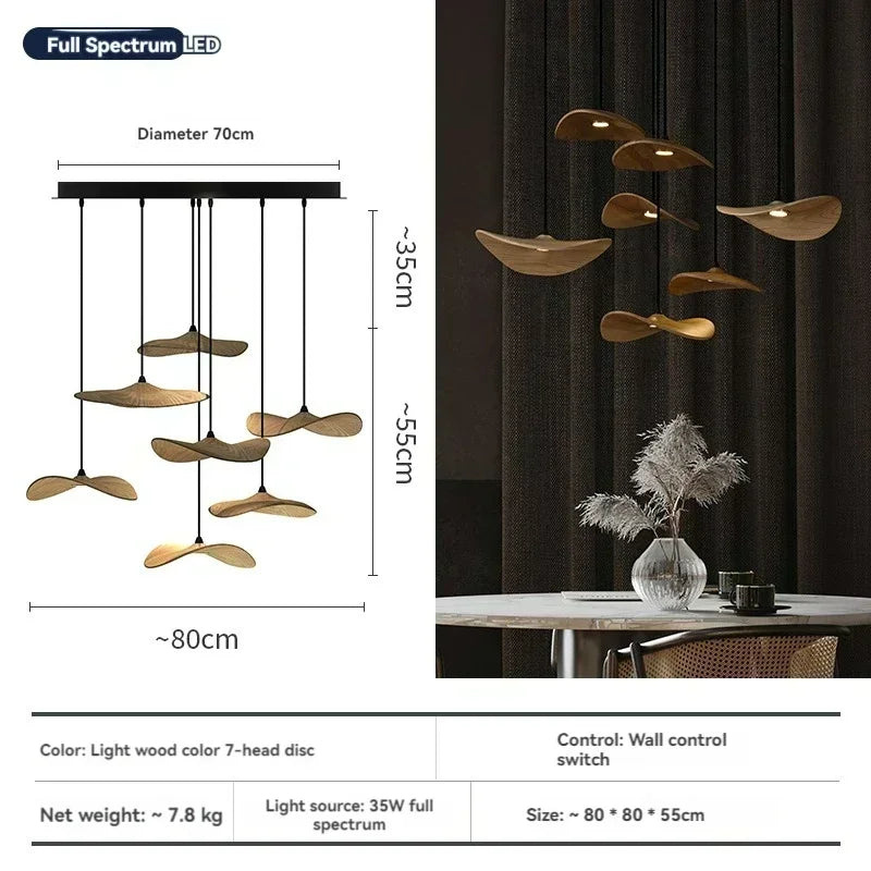 Japanese Lotus Leaf Chandelier Wabi Sabi Solid Wood Lamp Living Dining Room Zen Tearoom Villa Duplex Kitchen Island Linear Light