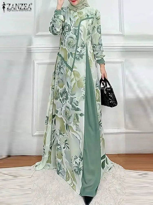 ZANZEA Muslim Fashion Floral Print Maxi Dress Women Elegant Fake Two-Piece Patchwork Abaya Vestidos Islamic Long Sleeve Robes - AIAZ
