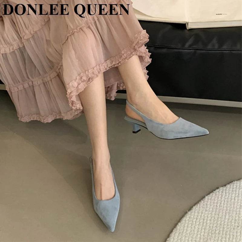 Fashion Brand Slingback Sandals Women Med Heels Pumps Elegant Pointed Toe Female Mules Dress Slides Sandalias Mujer Verano Mujer - AIAZ