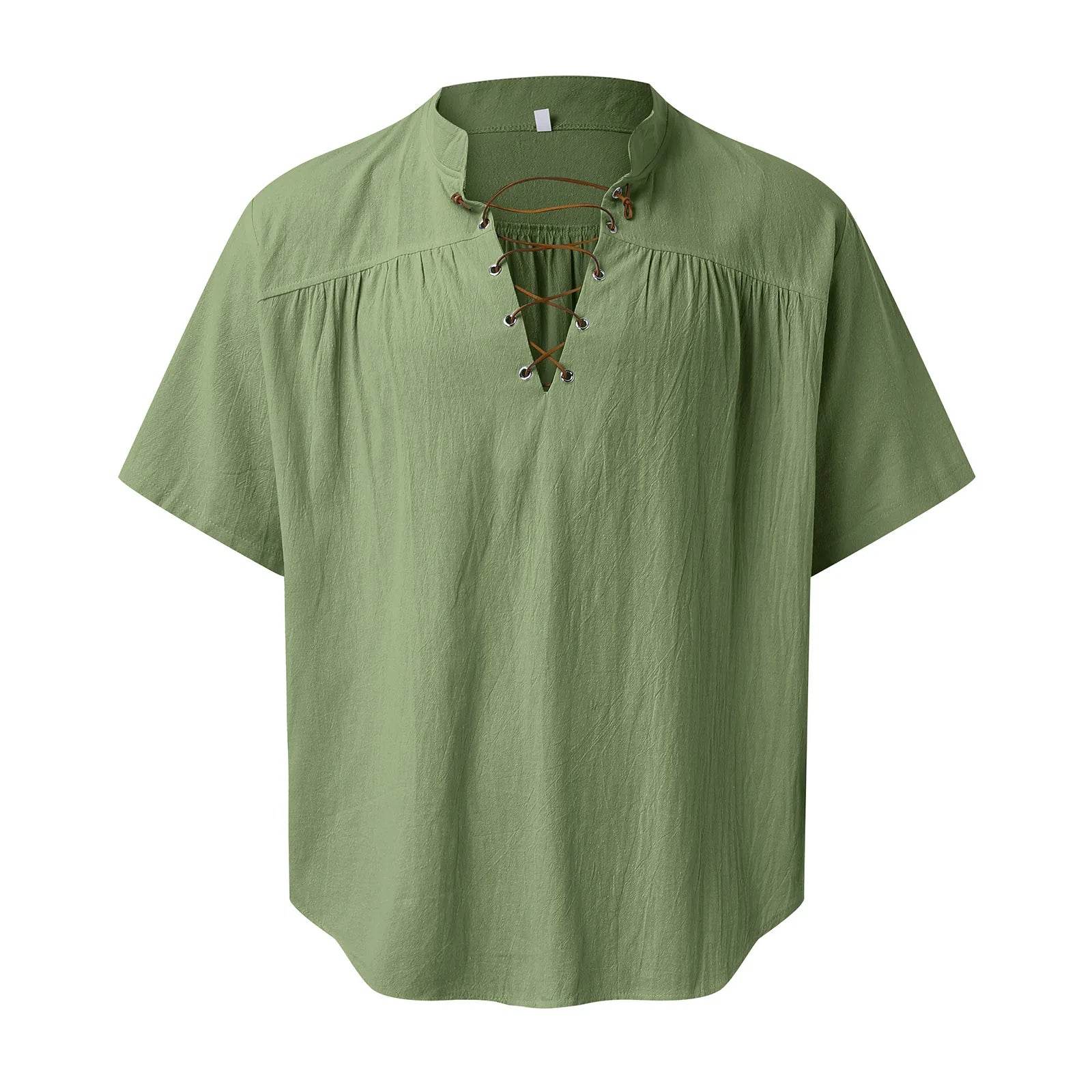 Medieval Costume Shirts Men Short Sleeve Vintage Renaissance V Neck Lace up Blouse Tops - AIAZ