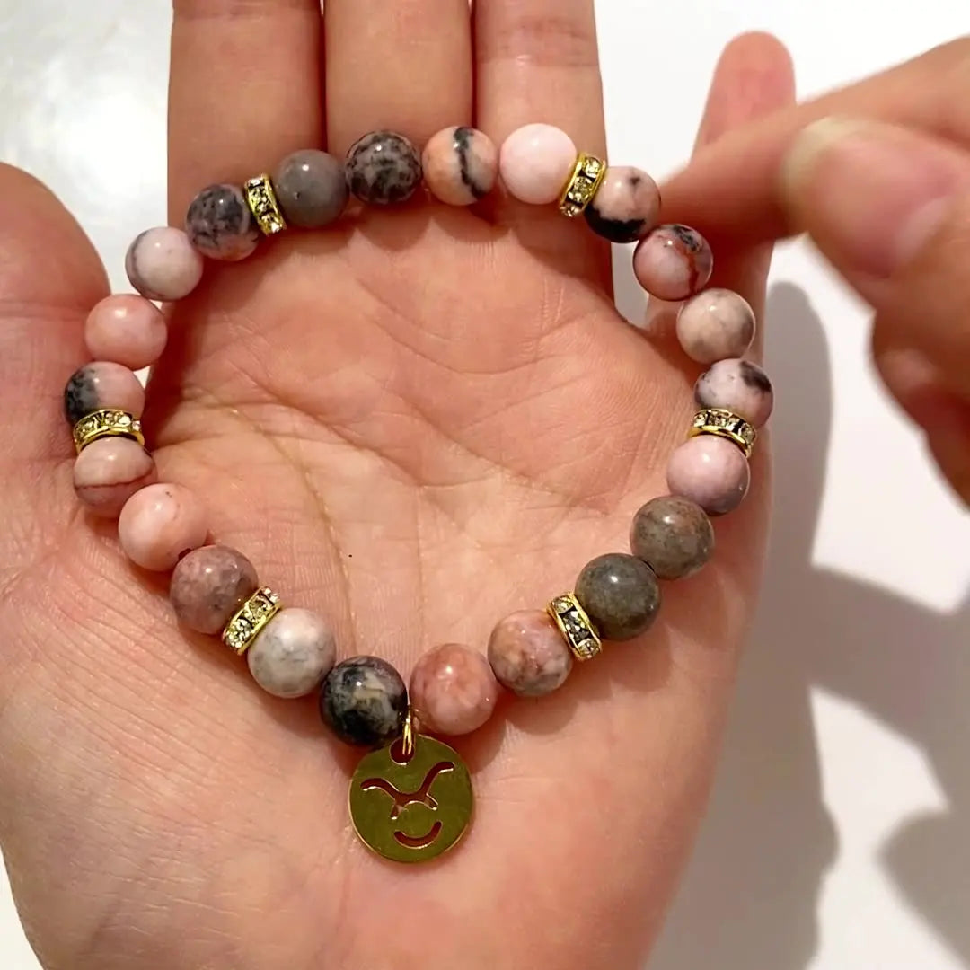 MHS.SUN 12 Star Zodiac Sign Pink Zebra Stone Beaded Bracelets Constellation Fashion Birthday Party Jewelry For Women Men