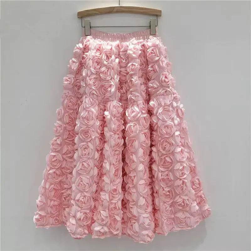 Skirt for Women 2025 Summer Versatile Three Dimensional Flower Mid-calf Skirt High Waist Big Swing Fashion A-line Long Skirts - AIAZ