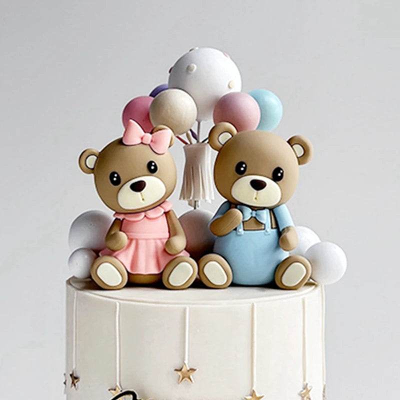 Brown Bear Doll Cake Toppers Happy Birthday Pink Blue Bear Theme Cake Topper for Birthday Baby Shower Wedding Cake Deocrations - AIAZ