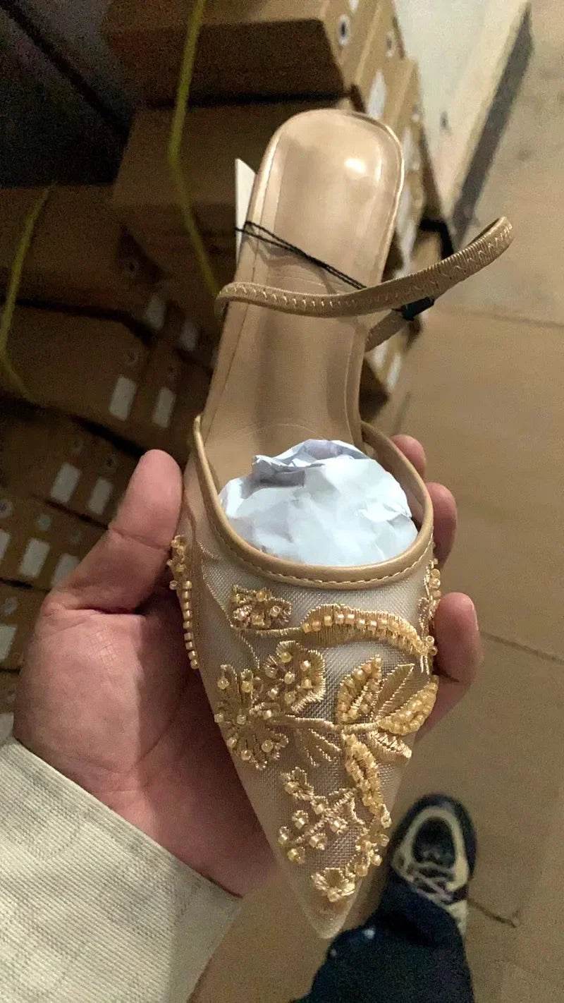 Mesh Embroidery Heeled Sandals Women Sexy Pointed Toe String Bead Slingback High Heels Summer Elegant Party Dress Designer Shoes - AIAZ