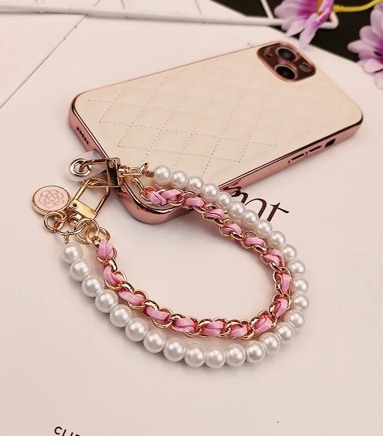 26cm Leather Pearl Camellia Mobile Phone Charm Bracelet Chain Anti-lost Universal Cell Phone Strap Rope Pendant Metal Key Chain