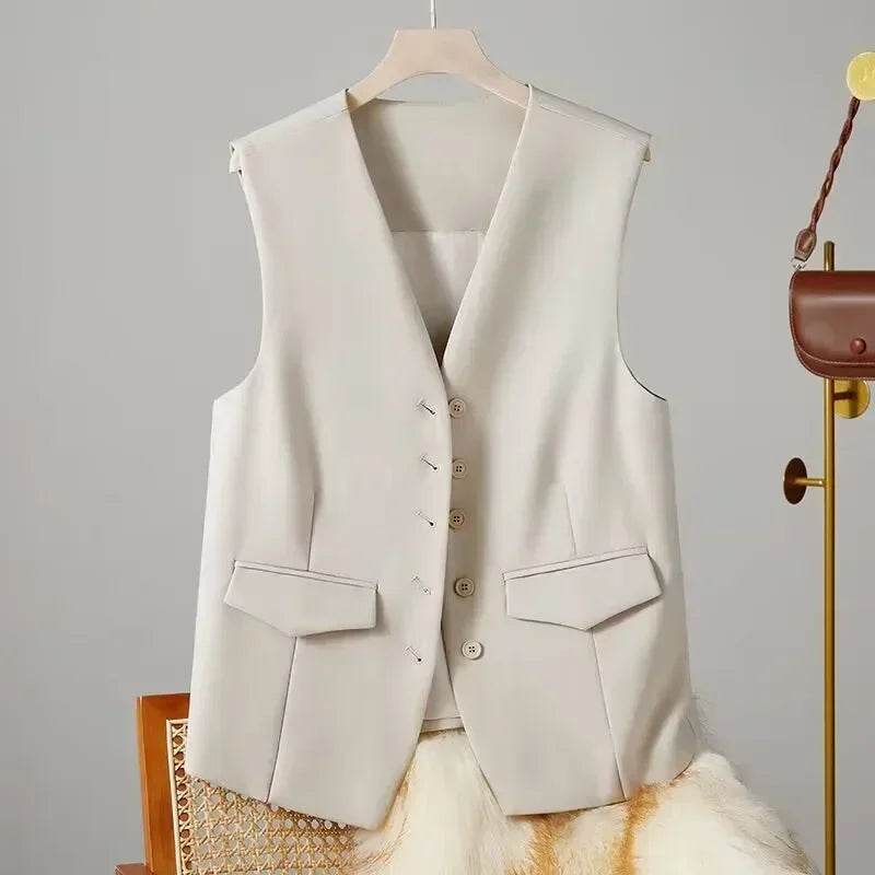 Women Suit Vest Elegant Women's V Neck Business Vest Sleeveless Waistcoat for Office Commute Style Solid Color Single-breasted - AIAZ