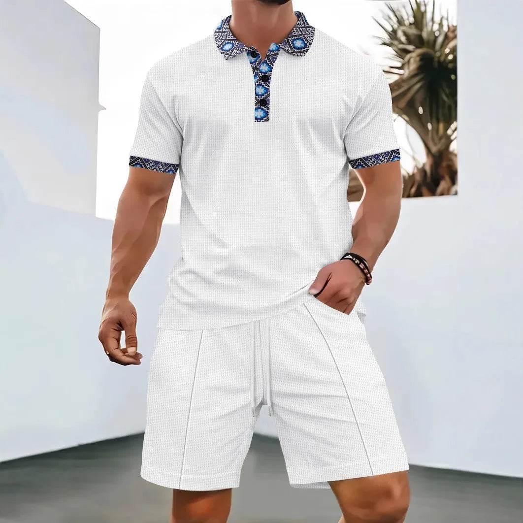 2025 Men Europe and the United States new summer Waffle solid color zip-up lapel short-sleeve suit shorts two sets - AIAZ
