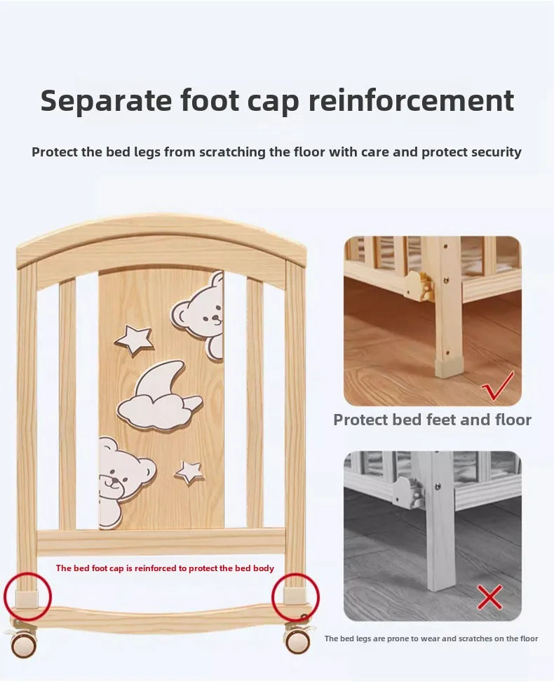 Crib Solid wood newborn baby cradle Multifunctional paint-free movable children's splicing bed air mattress 103 cm long