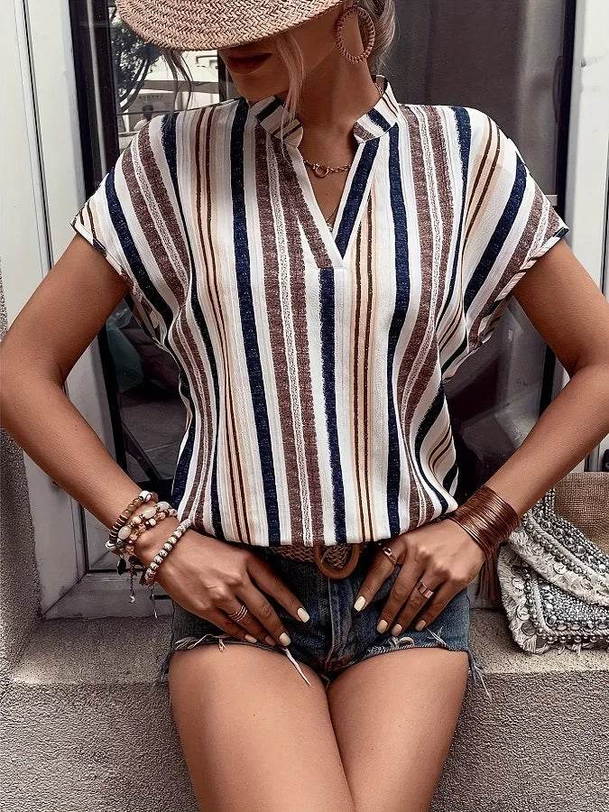 Women's Tops Blouses New 2025 Summer Casual Fashion Striped Print V-neck Short Sleeve Shirt Elegant Women Shirts Tops Streetwear - AIAZ