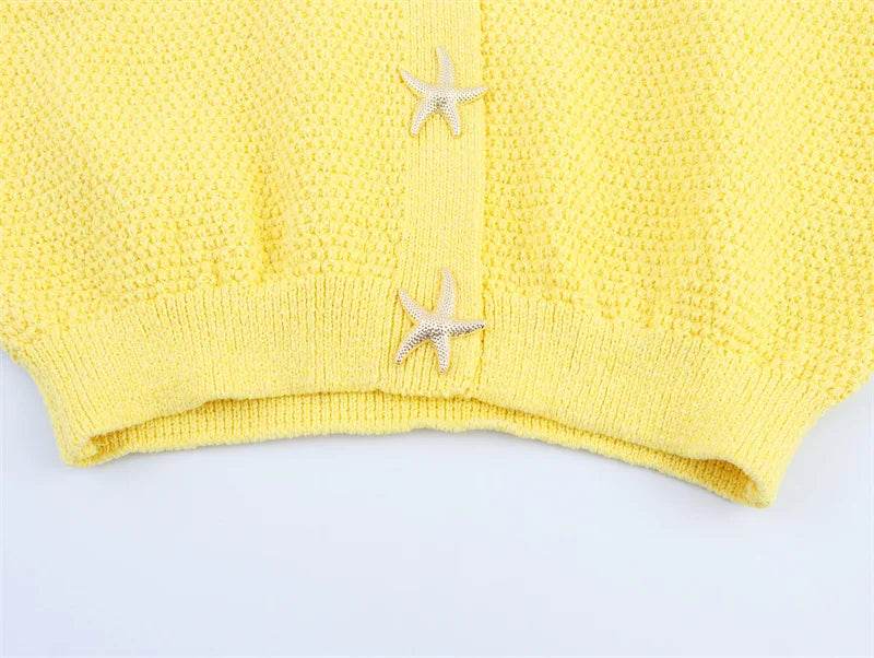 Women's cardigan new summer style for 2025 yellow short-sleeve knitted jacket star button decoration casual fashion - AIAZ