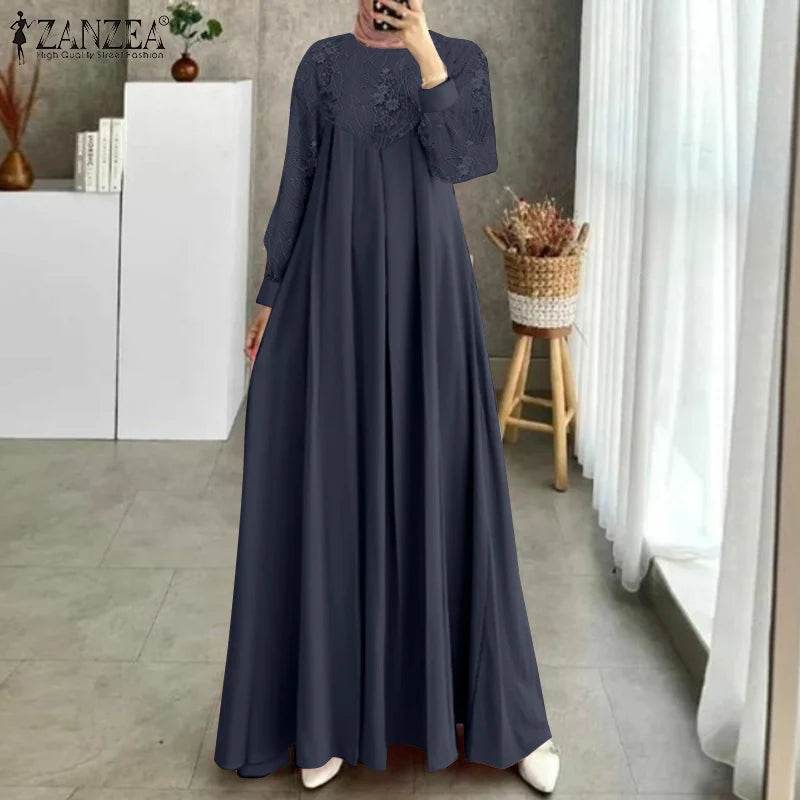 Autumn Muslim Fashion Long Dress ZANZEA Women Long Sleeve O Neck Vestidos Dubai Kaftan Maxi Sundress Robe Elegant Lace Abaya - AIAZ
