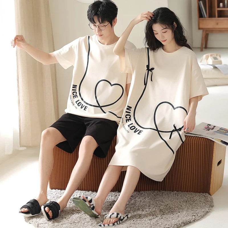 Summer Couple Pajama Sets 100%Cotton Men Short Sleeve Pyjamas Sexy Women Nightgown - AIAZ