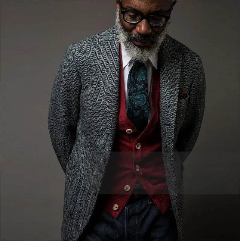 Men's Suit Brown Blazer Prom Tuxedos Herringbone Wool Tweed Single Breasted Formal Bussiness Jacket for Wedding（Only Coat） - AIAZ