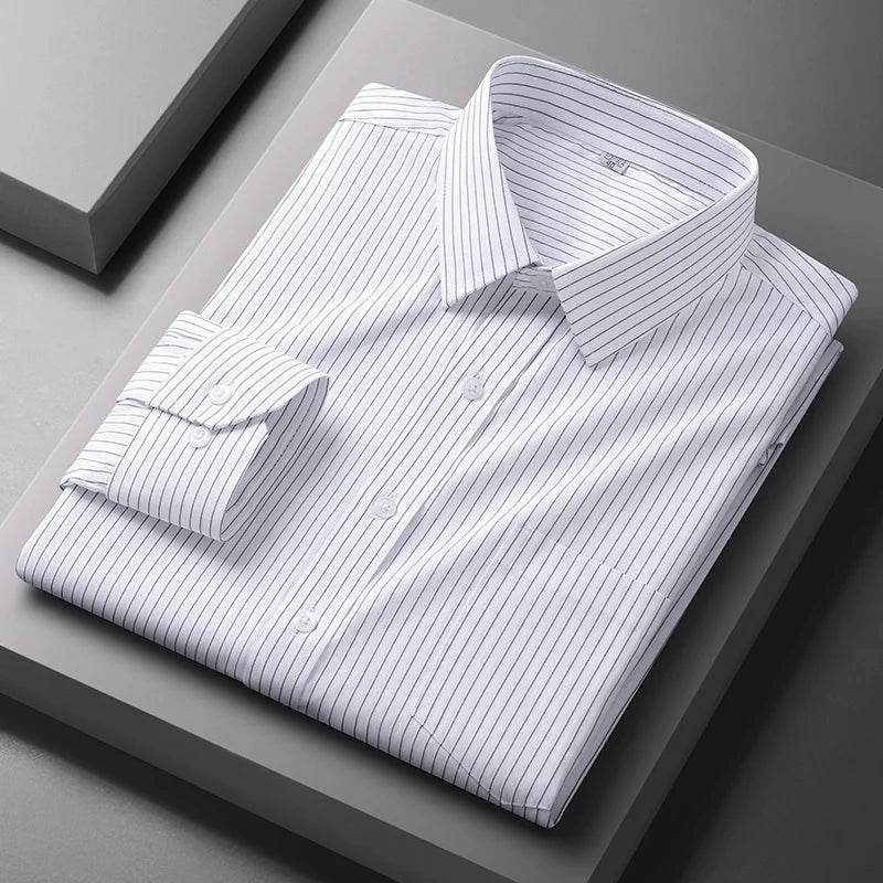 Men Formal Shirt Long Sleeve Office Solid Color Striped Anti-Wrinkle Fashion Business Pocket White Social Pocket Shirt S-4XL - AIAZ
