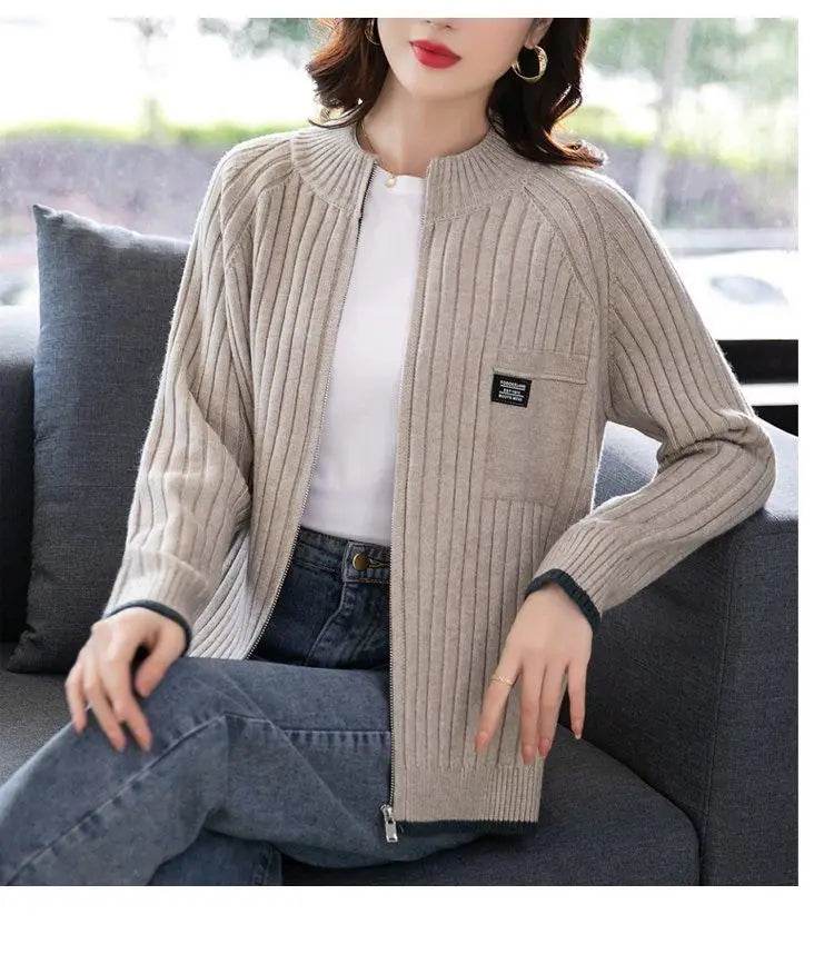 Knitted Cardigan Women's Coat 2025 Autumn Winter New Long sleeved Casual Zipper Sweaters Outwear Female Short Knitt Jacket - AIAZ