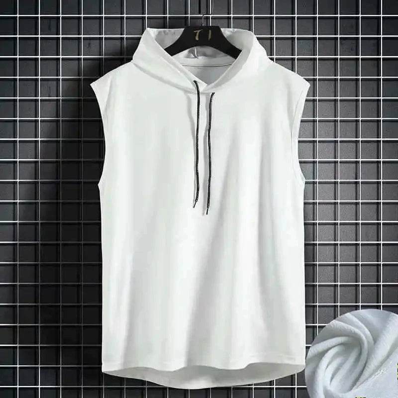 Men Tie Collar Hooded Sleeveless Vests Male Summer Loose Solid Hip Hop Tee Shirt Tops - AIAZ