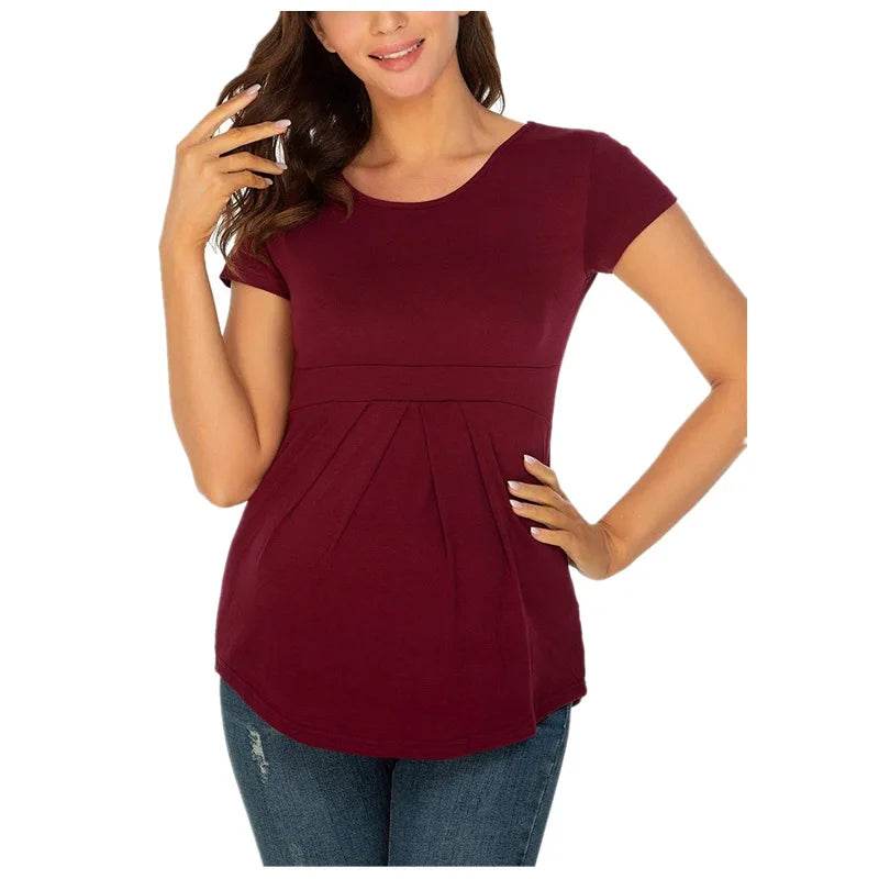 Summer Maternity Tops Women Pregnancy Short Sleeve T-Shirts Casual Tees for Pregnant Elegant Ladies Folds T-Shirt Women Clothes - AIAZ