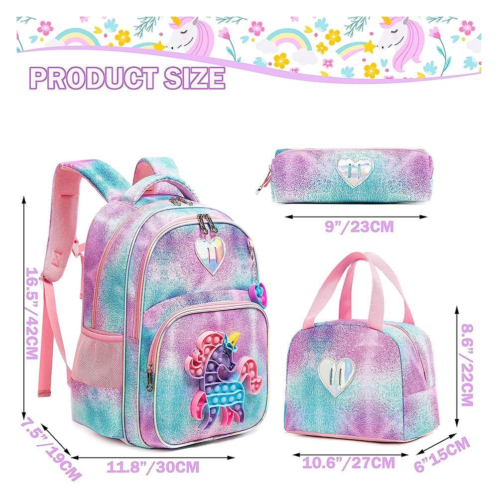 3pcs Kids Backpacks for Girls School Bag with Lunch Box Set Cute Bookbag for Primary School - AIAZ