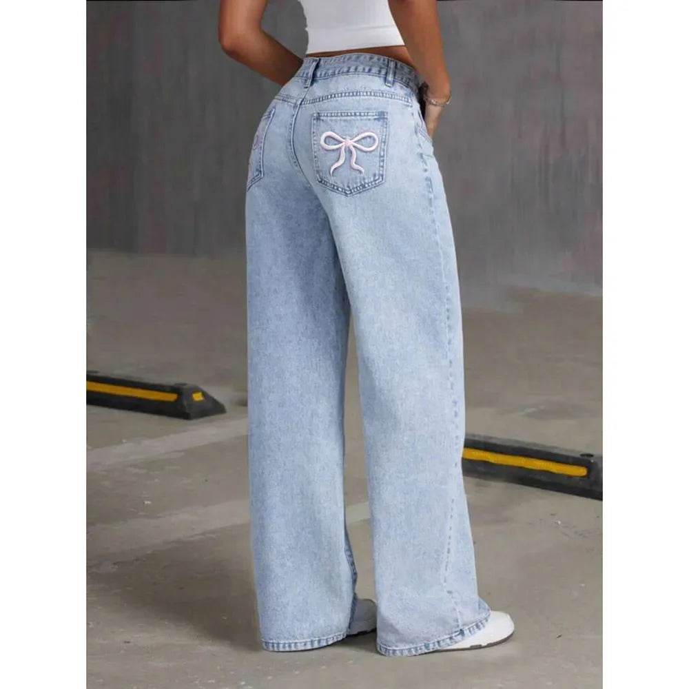 Denim Wide Leg Pants Women Jeans Embroidery High Waist Distressed Washed Mom Pockets Vintage Floor Length Trousers Streetwear - AIAZ