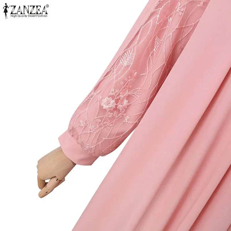 Autumn Muslim Fashion Long Dress ZANZEA Women Long Sleeve O Neck Vestidos Dubai Kaftan Maxi Sundress Robe Elegant Lace Abaya - AIAZ