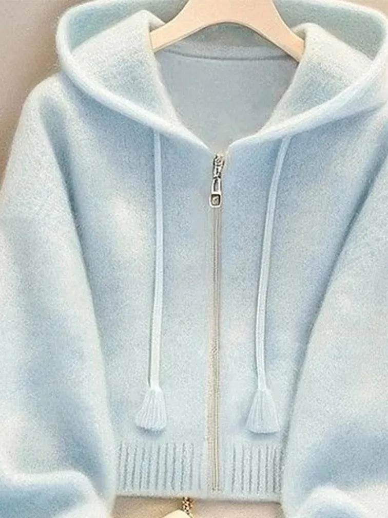 New Soft Blue Cardigan Sweaters Women Long Sleeve Elegant Knitted Jacket Sweet Design Female Casual Hooded Outwear Tops - AIAZ