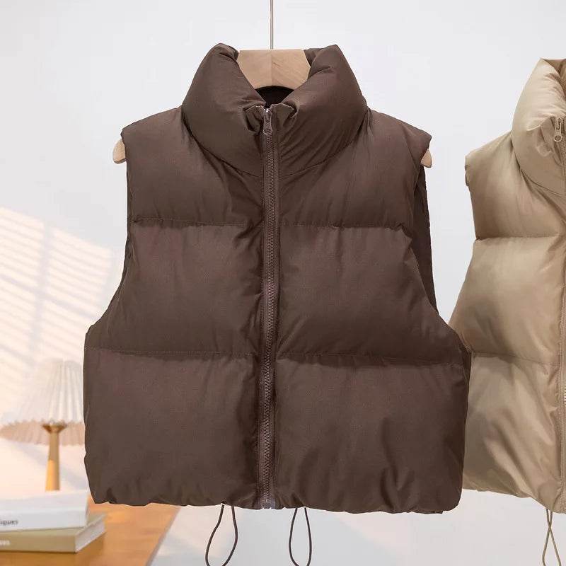 Elegant Chic Vests Fashionable Sleeveless Stand Collar Zipper Basic Autumn Winter Jacket Thick Warm Casual Women Vest Jacket ﻿ - AIAZ