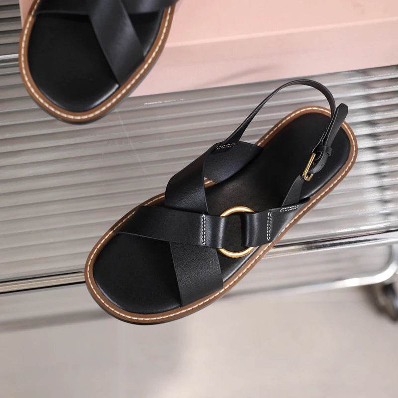 Sandals Woman 2025 New Spring Summer Fashion Comfortable Genuine Leather Flat Elegant Shoes for Women Casual Beach Shoe - AIAZ