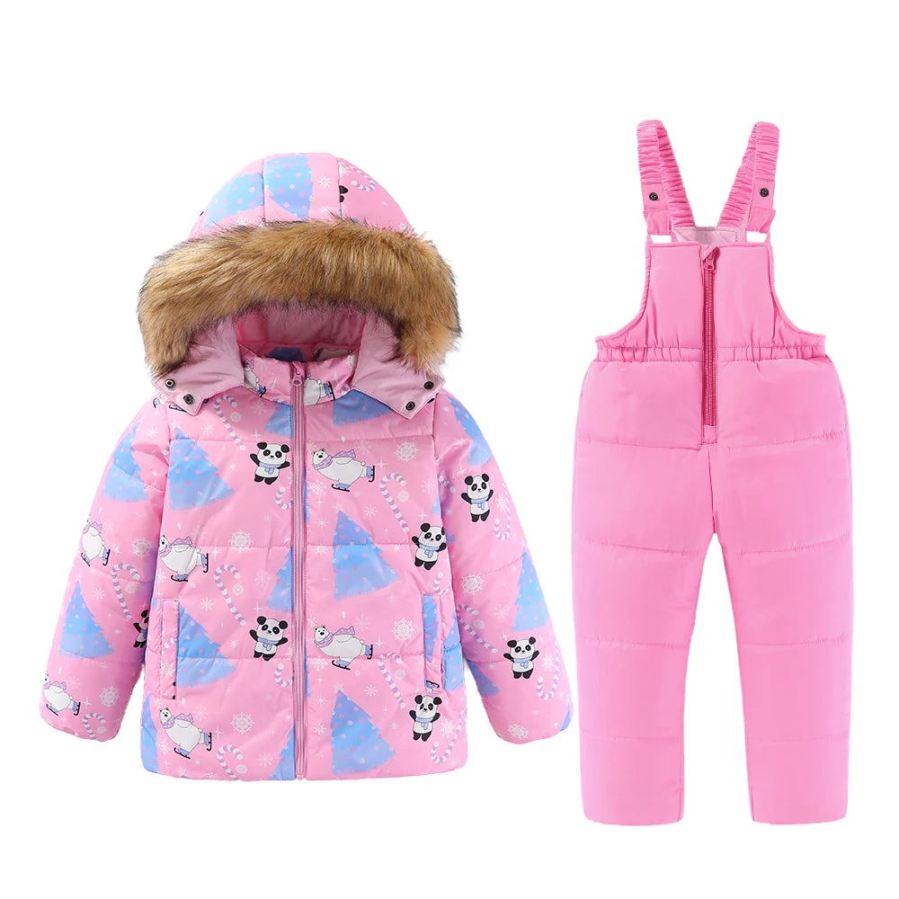 4-8T Kids Girls Ski Suits Hooded Snowboard Coats Children Winter Warm Pant Outdoor Sportwear Thick Cotton Snowboard Skiing Suit