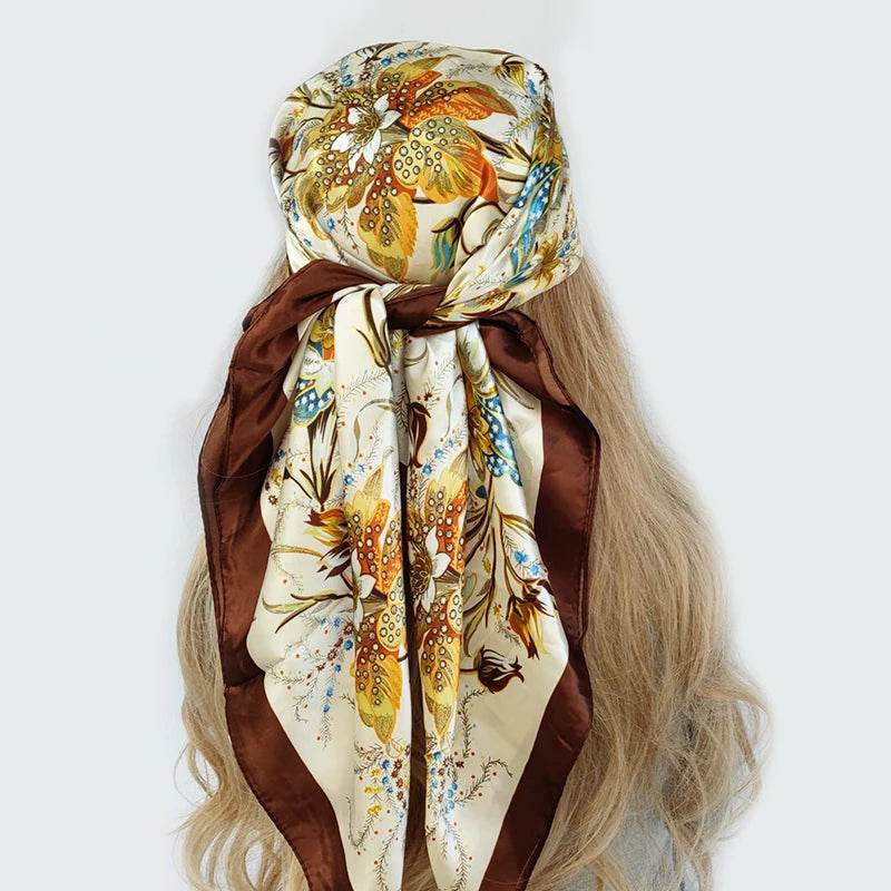 New 90*90cm Retro Brand Women Silk Scarf Bandanna Fashion Bohemian Pattern Square Hijab Lady Wrap Headband foulard muffler - AIAZ