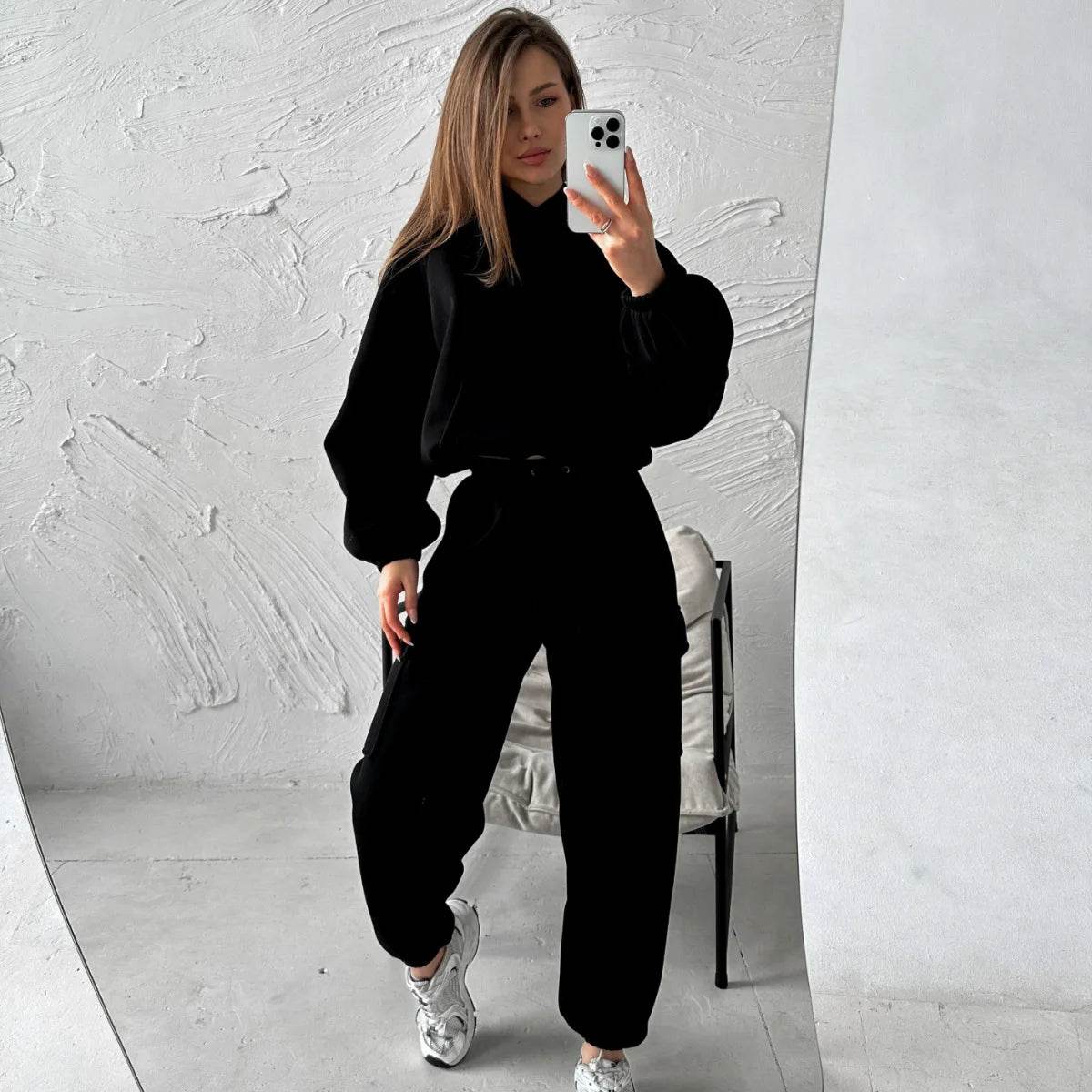 Hoodies Suit Winter Autumn Solid Casual Tracksuit Women Fleece 2 Pieces Set Sports Sweatshirts Pullover Jogger Sweatpants Outfit - AIAZ