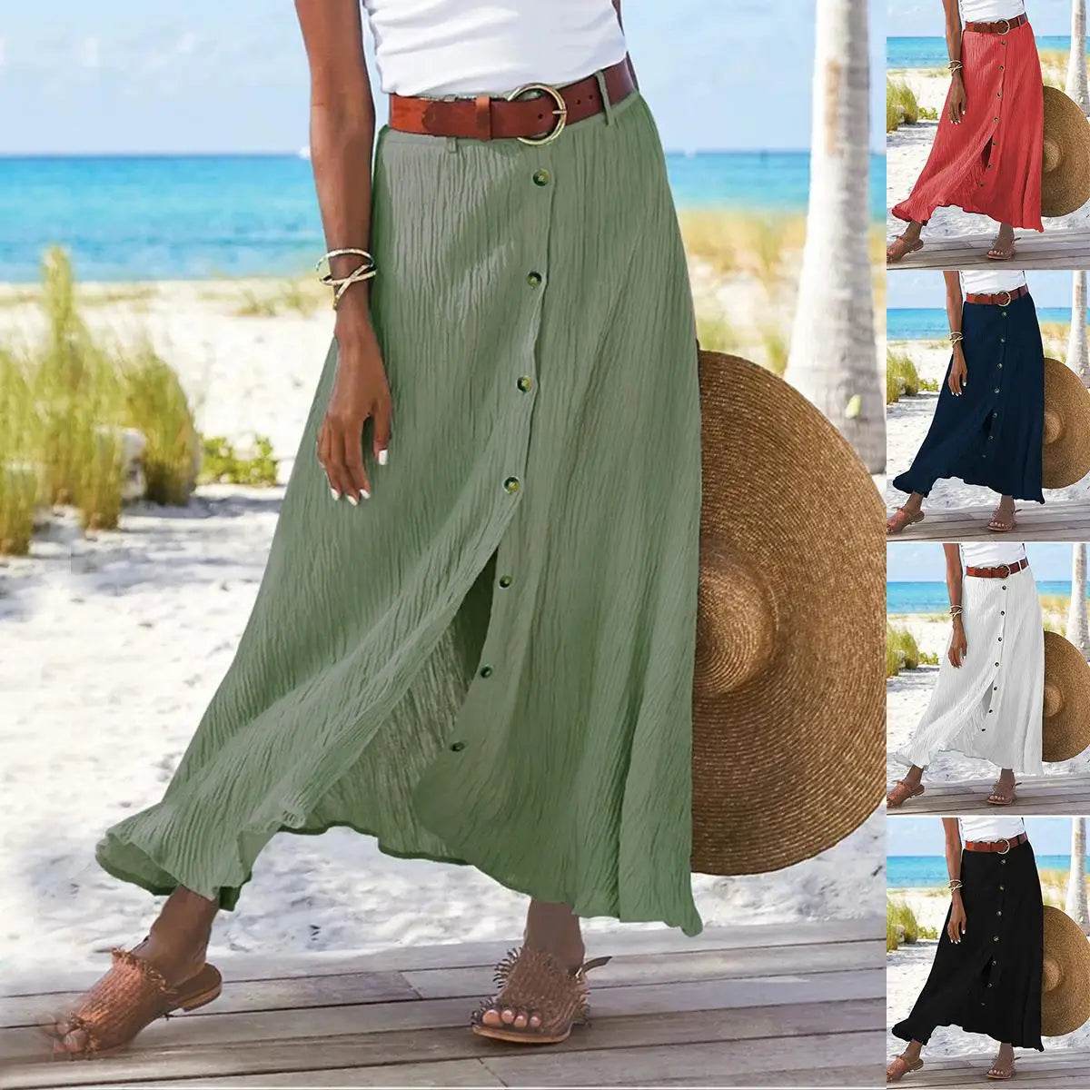 Women Skirt 2025 Spring Summer New Fashion Casual Cotton And Linen Solid Color Buttons Skirt Split A- Line Hip Waist Long Skirt - AIAZ