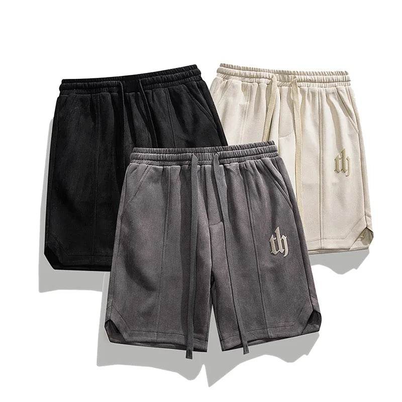 2025 Summer Suede Shorts Men's Trendy Brand Versatile High Street Printed Loose and Simple Five Quarter Pants - AIAZ